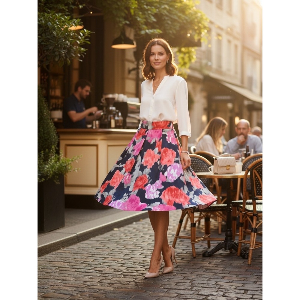 Eliza J Floral Midi Skirt Women 6 Pink Navy Pleated A-Line Pocket Tulle Lined